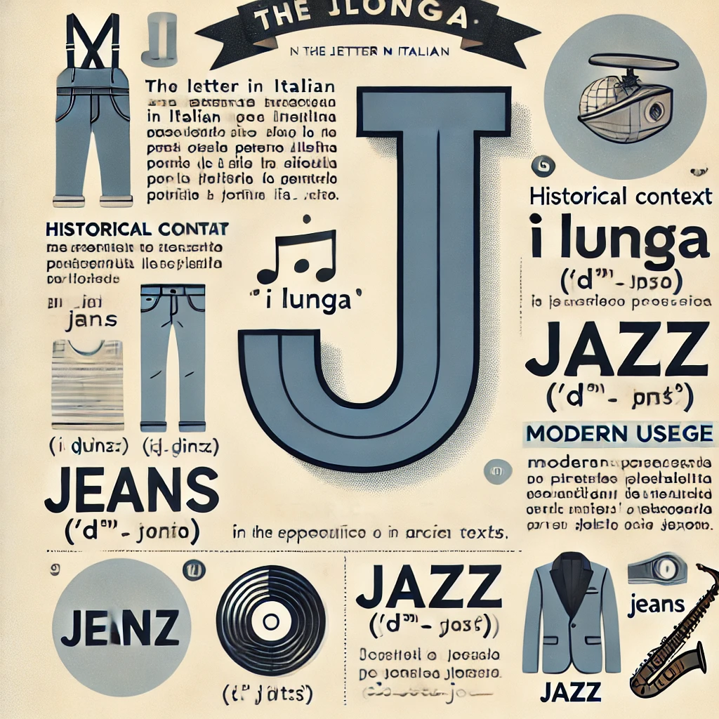 Infografía educativa sobre la letra "J" en italiano, incluyendo su uso histórico y moderno con ejemplos como "jeans" y "jazz", junto con pronunciaciones fonéticas.